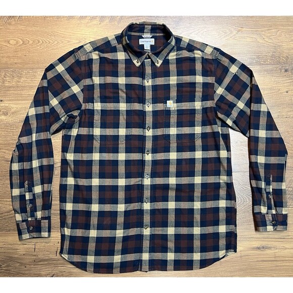 Carhartt Flannel Shirt Mens L Rugged Flex Hamilton Dark Khaki Plaid Relaxed Fit - Picture 1 of 10